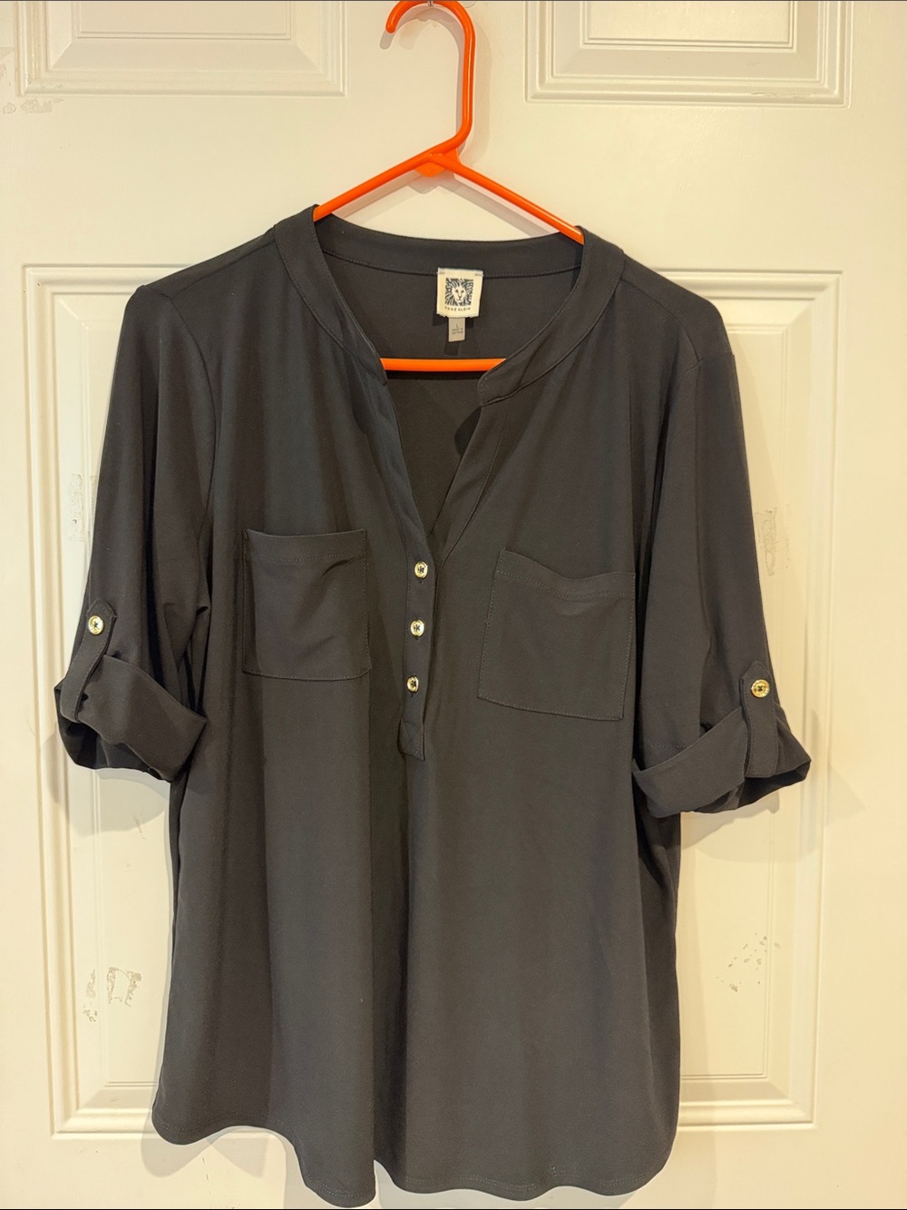 Anne Klein Dark Gray Button-Front Tunic Blouse